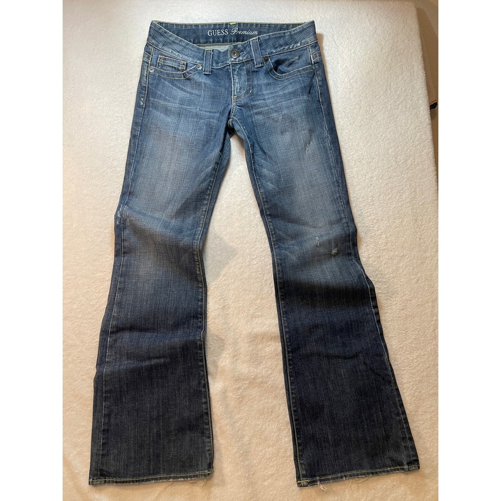 Guess Premium Daredevil Flare Jeans Blue Medium Wash Low Rise Stretch Size 29